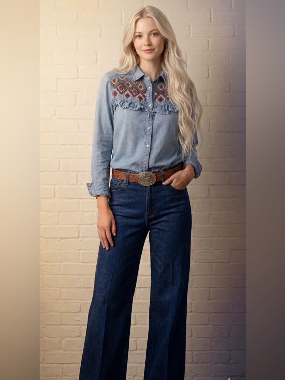 The Sweetest Denim Western Style Shirt by NAF NAF S embroidery beading ruffles